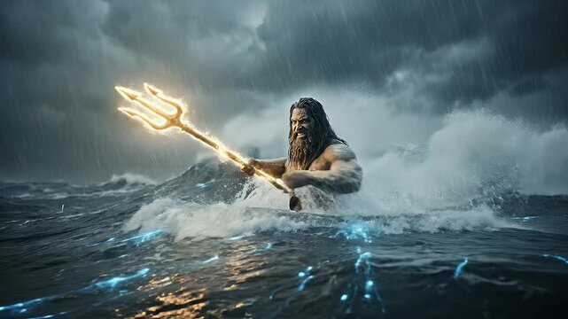 Powerful Mythological Sea God Poseidon Holding Golden Trident in Stormy Ocean