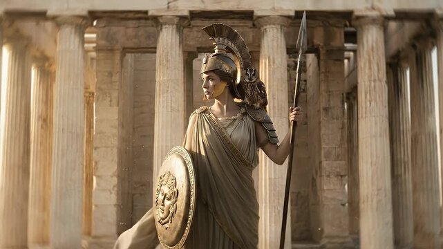 Ancient Greek Goddess Athena Warrior Portrait with Spear and Temple Pillars