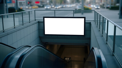 Blank Billboard Above Subway Escalator Entrance in Urban City Street.