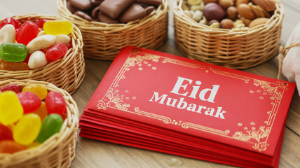 Red Eid Mubarak cards with gold on wooden table surrounded by baskets of colorful candies and nuts