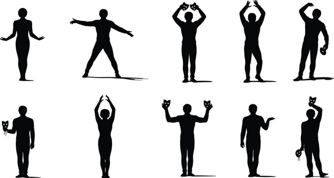 Black silhouette set of actor performer holding drama masks in various theatrical poses for stage play acting and psychological identity concept.