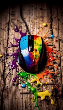 A rainbow-painted computer mouse surrounded by vibrant paint splashes on wood&mdash;merging tech with artistic expression in a bold, colorful burst.