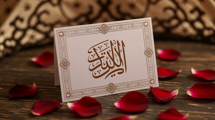 White card with Arabic calligraphy and red rose petals on a wooden surface intricate