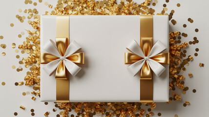 White gift box with gold and white ribbons on gold confetti background bows