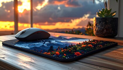 Mouse and mousepad on wooden desk with sunset view.