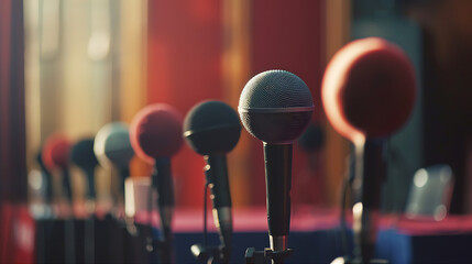Multiple microphones stand ready on a stage setup, illuminated by warm backlighting for a press conference.