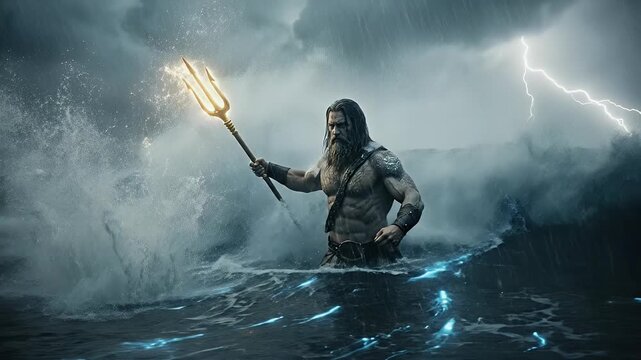 Powerful Sea God Poseidon Holding Trident in Epic Stormy Ocean Waves