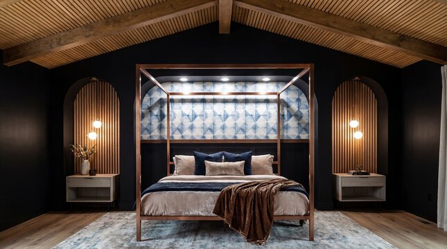 Luxury Moody Bedroom with Copper Canopy Bed, Blue Geometric Feature Wall and Slatted Wood Vaulted Ceiling