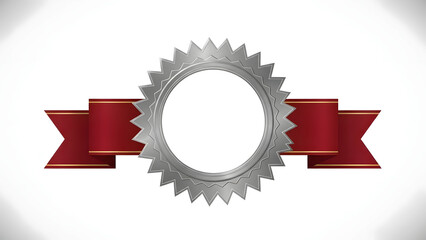 Blank Silver Seal Badge with Red Ribbon Banner on White Background.