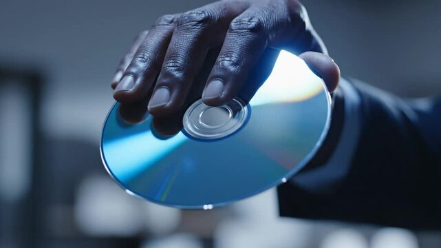 Close up of a hand holding a reflective blue disc with a soft blue background in a dramatic scene