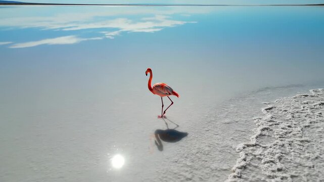 Breathtaking aerial drone shot showing a lone American flamingo standing perfectly still on a vast, reflective, white salt flat landscape empty, wide shot, ecology