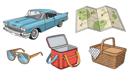 Vintage Road Trip Illustration with Classic Car and Picnic Items