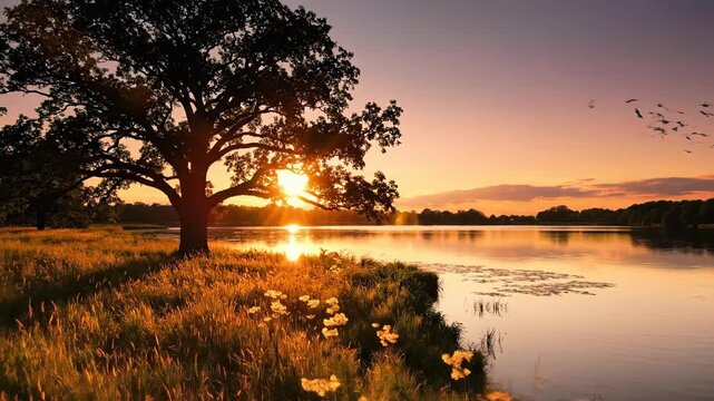 Breathtaking cinematic wide shot during golden hour highlighting the silhouette of a majestic lone tree standing in sun-drenched grass by the tranquil lake edge reflection, lake, hues