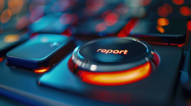 Close-up of a gaming keyboard with a glowing report button. The keys are illuminated in vibrant colors, showcasing a modern gaming setup.