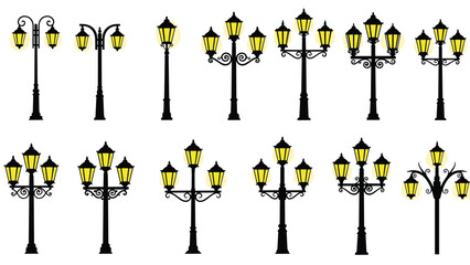Vintage street lamp silhouette set, glowing lantern lights, classic ornamental lamp posts, decorative urban outdoor lighting collection isolated on white background © MDKANAL