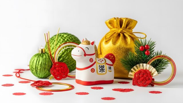 Traditional Japanese New Year Eto Horse and Festive Shogatsu Decor