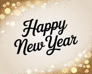 Black script text Happy New Year on a beige background with gold glitter and bokeh lights