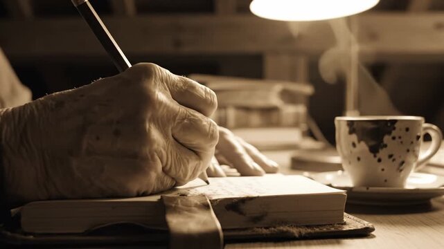 Old hand writing journal by lamplight creative process
