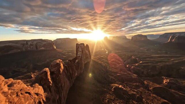 Breathtaking high aerial drone shot soaring dramatically up along massive jagged sandstone cliffs towards a powerful sunburst piercing through layered clouds rock, soaring, dramatically