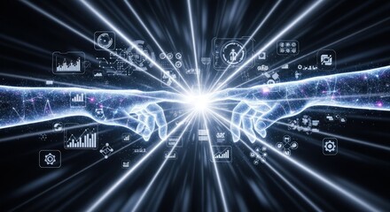 Two hands reaching out towards each other in a glowing, futuristic digital interface.