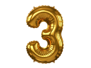 Golden Foil Balloon Number 3. Realistic 3D Isolated Three on Transparent Background
