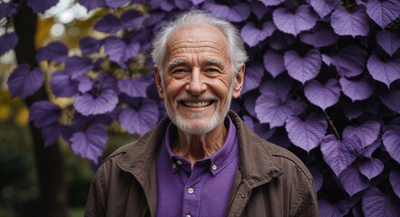 purple casual happy on leafy garden park background old elderly man portrait fashion style concept photoshoot for banner