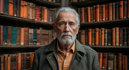 orange retro serious on old library corner background old elderly man portrait fashion style concept photoshoot for banner