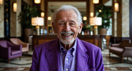 purple retro happy on vintage hotel lobby background old elderly man portrait fashion style concept photoshoot for banner