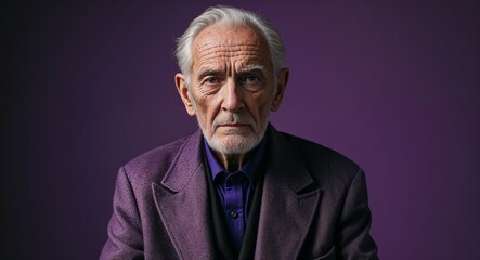 purple modern serious on artistic gallery studio background old elderly man portrait fashion style concept photoshoot for banner