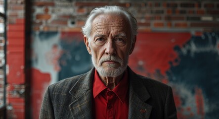 red modern serious on urban loft studio background old elderly man portrait fashion style concept photoshoot for banner