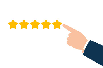 Customer satisfaction concept with a hand choosing four golden stars from a five-star rating system