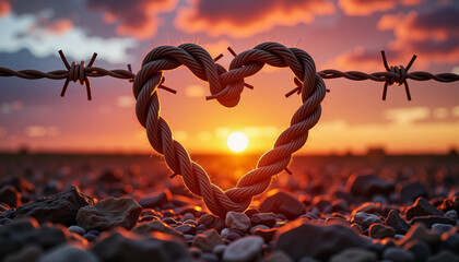 Barbed wire heart against sunset, symbolic love and pain, International Holocaust Remembrance Day
