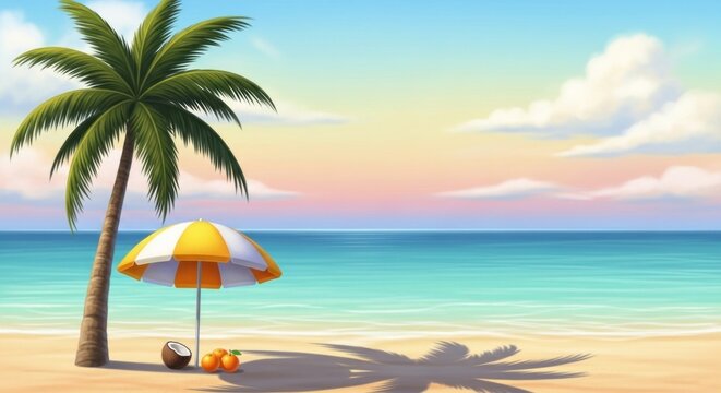A tropical beach scene with a palm tree, umbrella, and coconut on the sand. - Powered by Adobe