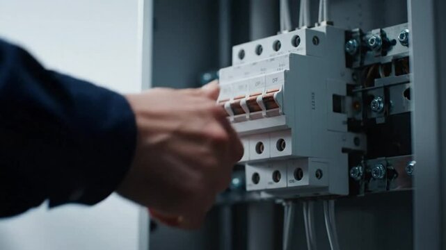 Electrician turns on circuit breakers in industrial electrical panel with visible wiring and power cords
