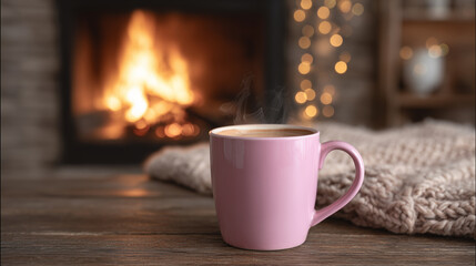 Pink mug with steaming hot coffee and knitted sweater on wooden table against fireplace background