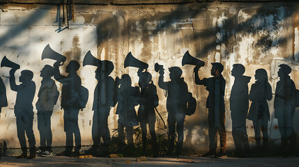 Silhouettes of activists holding megaphones against a textured wall represent collective action and protest.