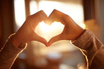 Obraz premium Hands Forming Heart Shape Sign in Natural Light, Expressing Love, Care, Affection, and Connection in Intimate Indoor Setting