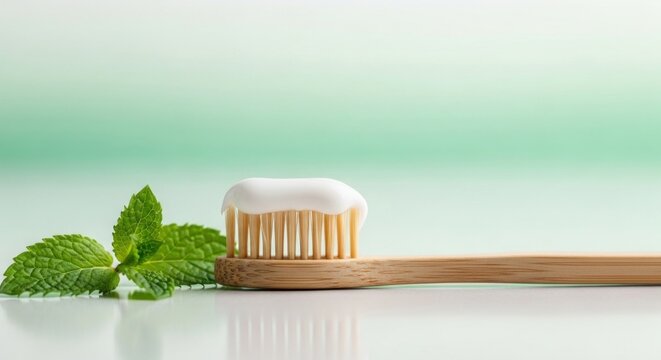 A bamboo toothbrush with white toothpaste on it, with a mint leaf on the side.