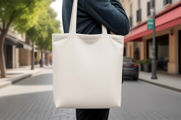 Stylish white tote bag mockup for branding on a busy city sidewalk