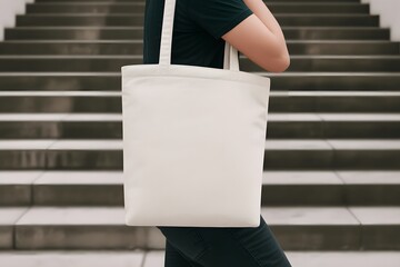 White cotton tote bag mockup held by person standing on city stairs