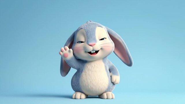 Cute Cartoon Bunny Waving Hello on Blue Background.