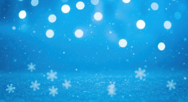 Snowflakes falling on a blue background with a few snowflakes on the ground. - Powered by Adobe