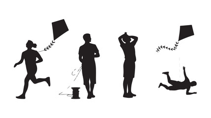 Silhouette People Running Flying Kites on White Background