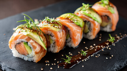 Sushi rolls with salmon and avocado, elegant food presentation, modern style