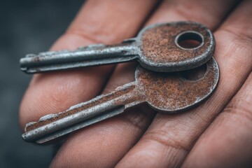 A hand holds two old rusty keys. The keys have worn edges and dim surfaces. They rest against a dark background