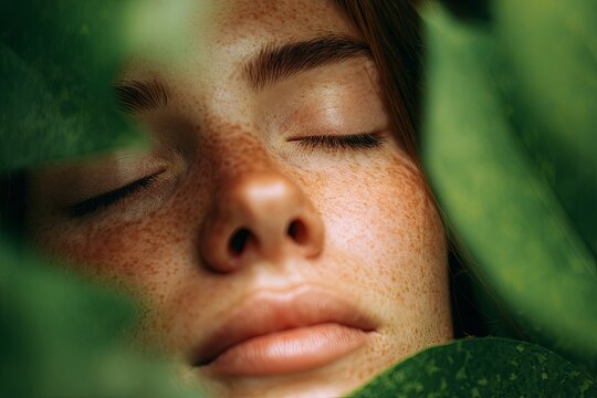a person s clean, relaxed face with eyes closed, framed by vibrant green leaves (immersed in nature), inner peace, sensory focus, cinematic, soft focus,