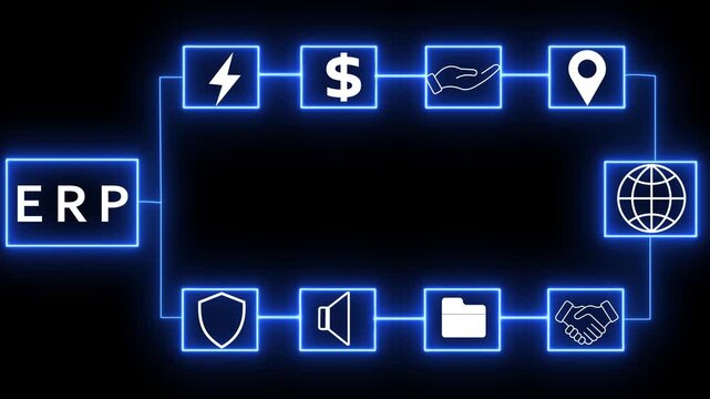 Enterprise Resource Planning ERP diagram with glowing blue neon for finance, partnership, and global reach on a black background Keywords: ERP, enterprise resource planning, diagram, flowchart