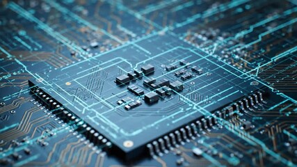 Close up of a blue computer processor chip on a circuit board - Powered by Adobe