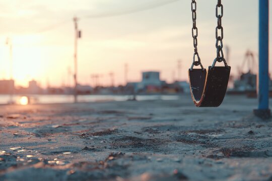 Swing swings hang in a playground by the water. The sun sets in the background, casting light over the ground and nearby structures