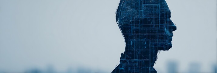 A silhouette of a human head overlaid with a digital circuit pattern, symbolizing the fusion of technology and human intelligence.